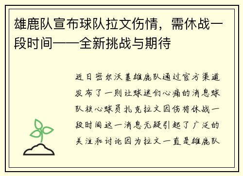 雄鹿队宣布球队拉文伤情，需休战一段时间——全新挑战与期待