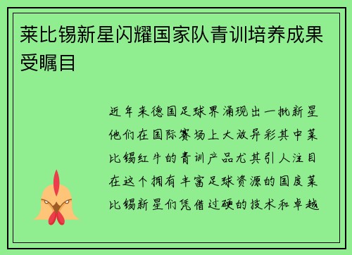 莱比锡新星闪耀国家队青训培养成果受瞩目
